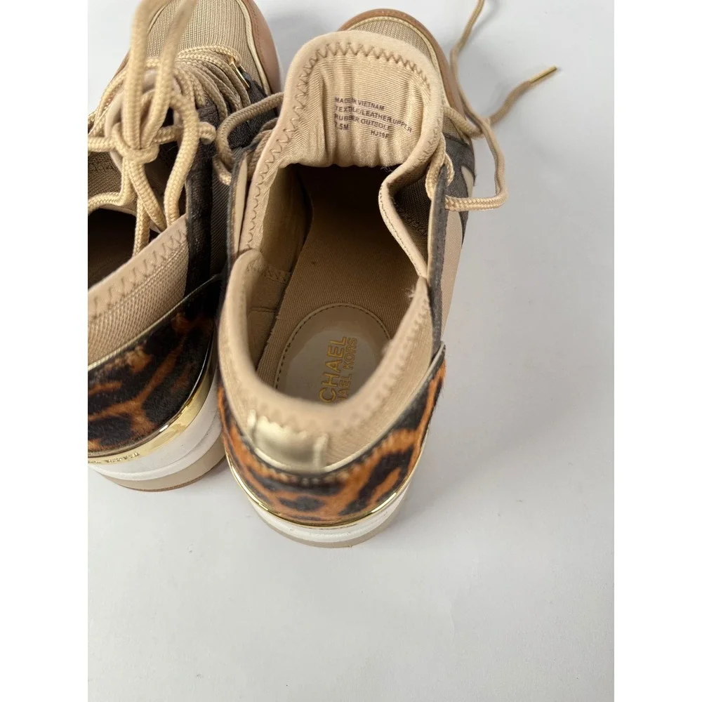 Michael Kors Georgie Wedge Sneakers Leopard Print Gold Tan HJ19F‎ Womens 7.5M